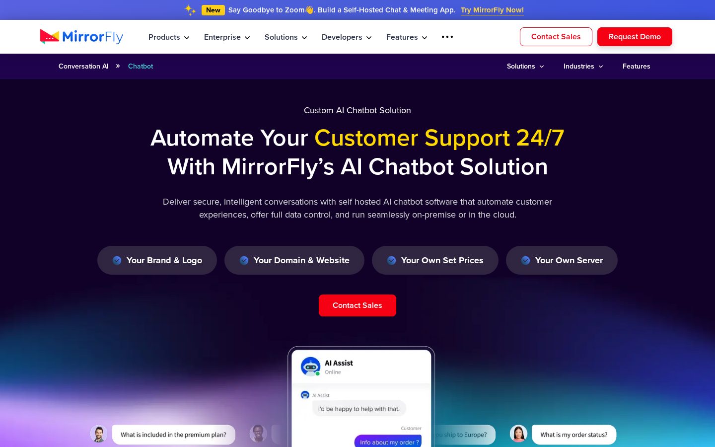 MirrorFly AI Chatbot Solution Homepage