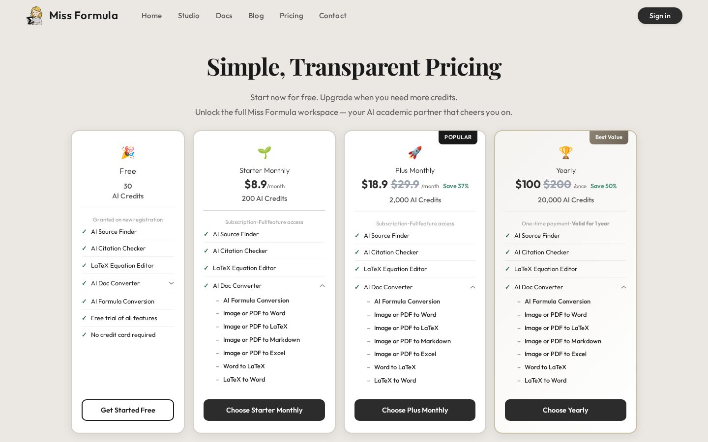 Miss Formula Pricing