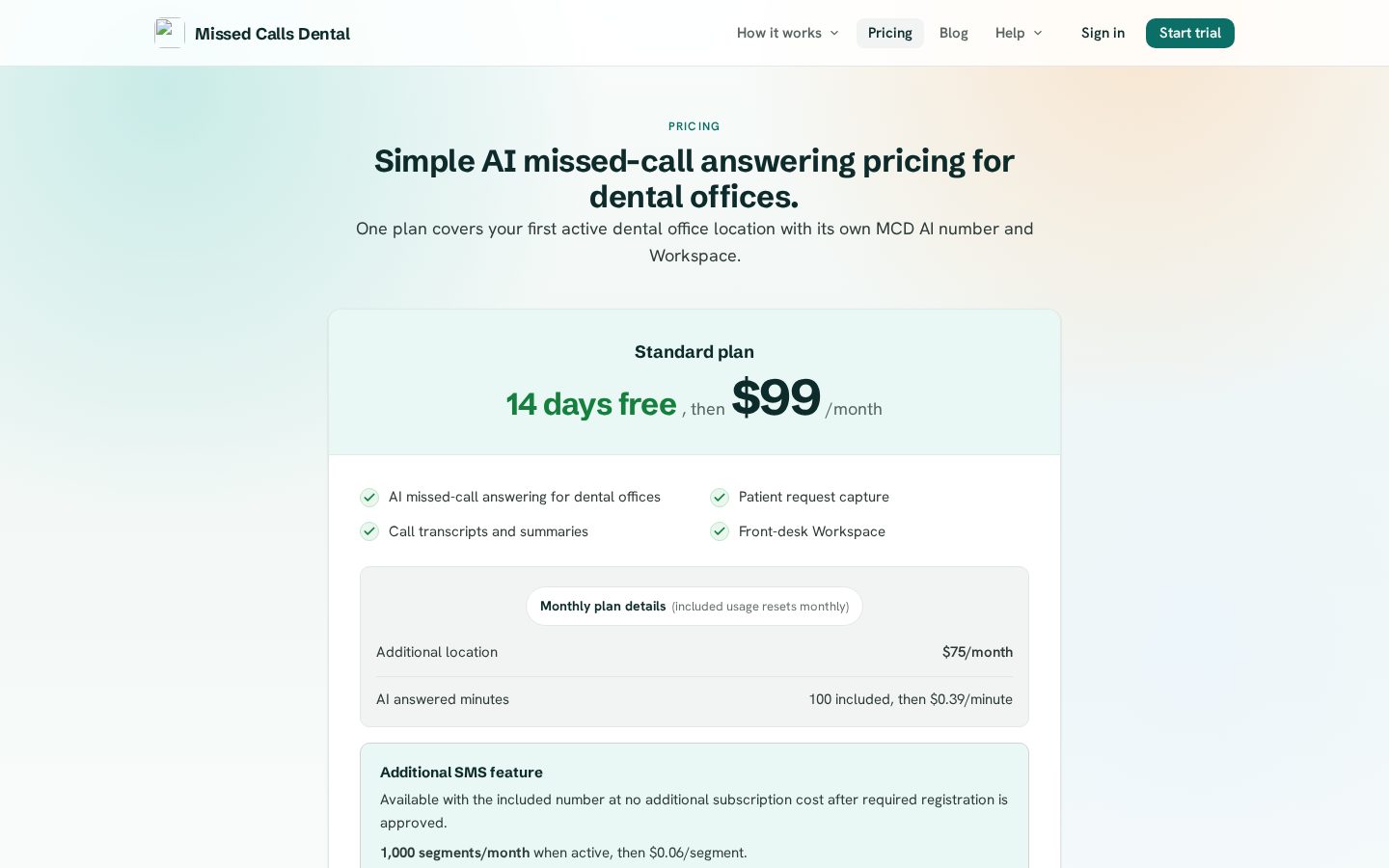 Missed Calls Dental Pricing