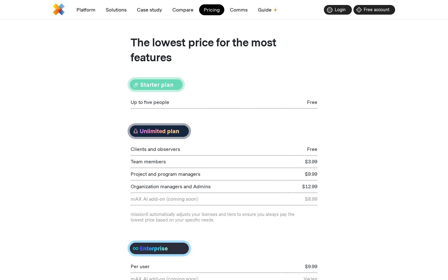 missionX Pricing