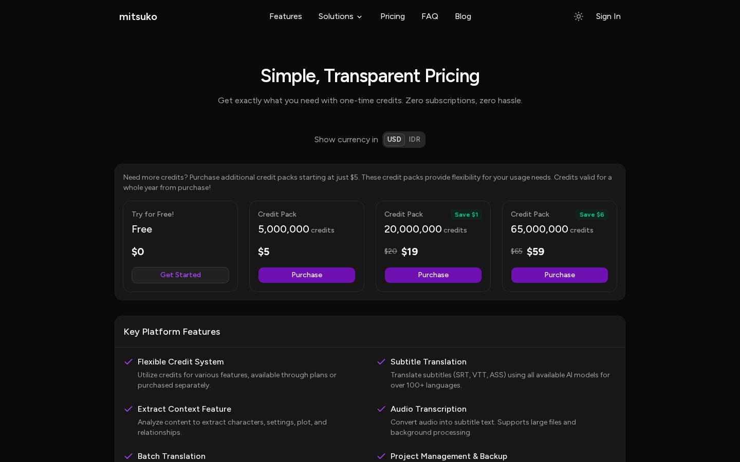 Mitsuko Pricing