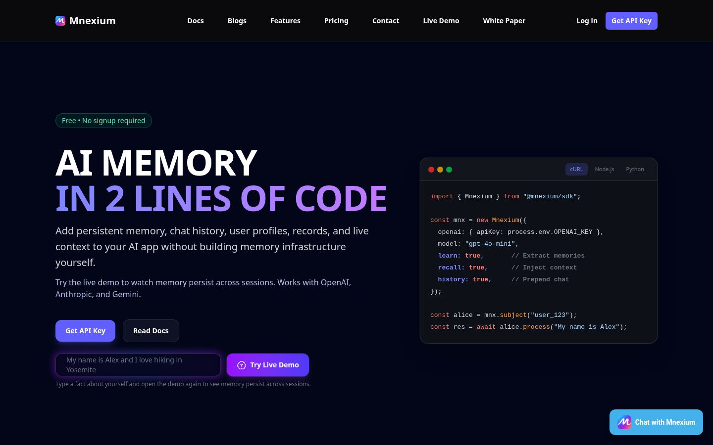Mnexium AI Homepage