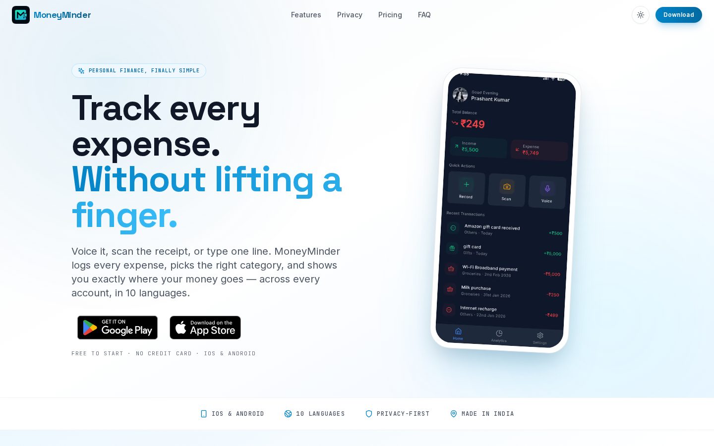 MoneyMinder Homepage