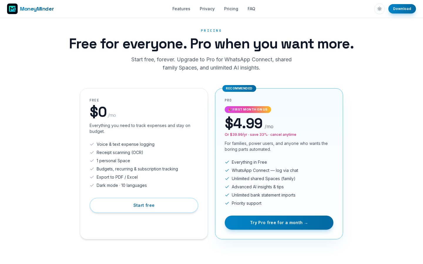 MoneyMinder Pricing