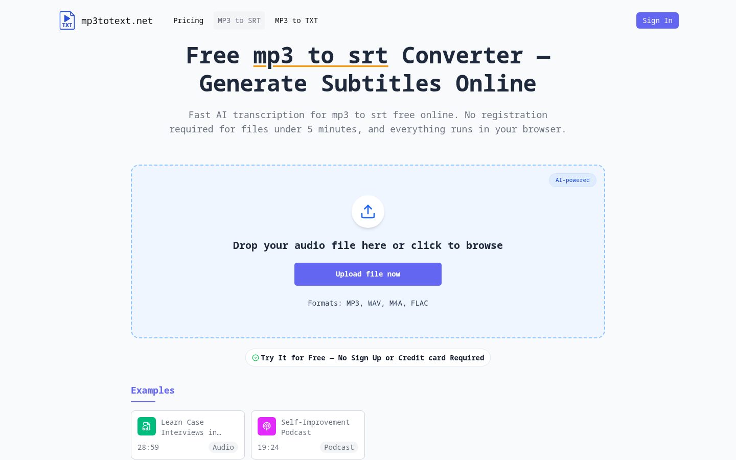 MP3 to SRT (Subtitle Generator) Homepage