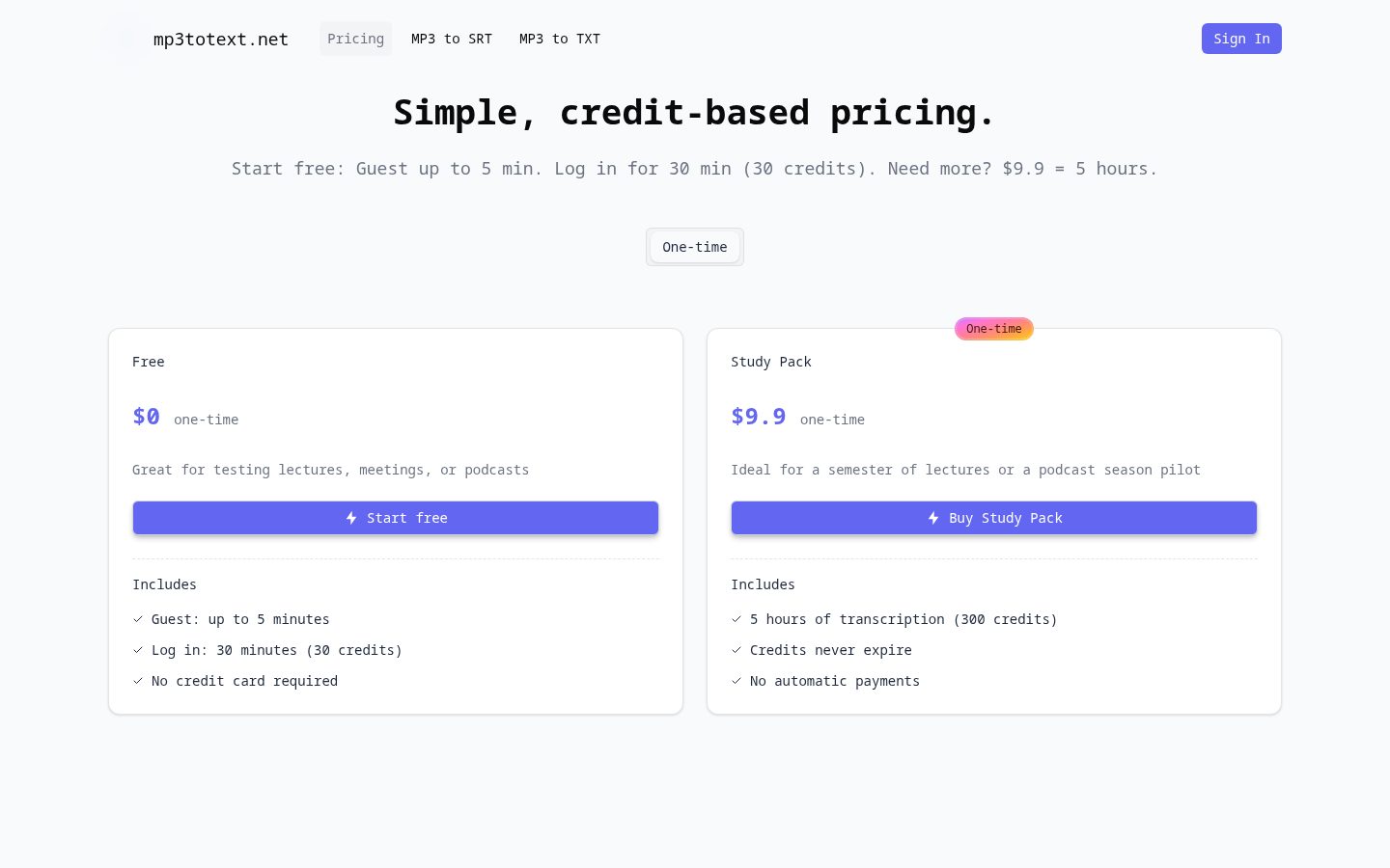 MP3 to SRT (Subtitle Generator) Pricing
