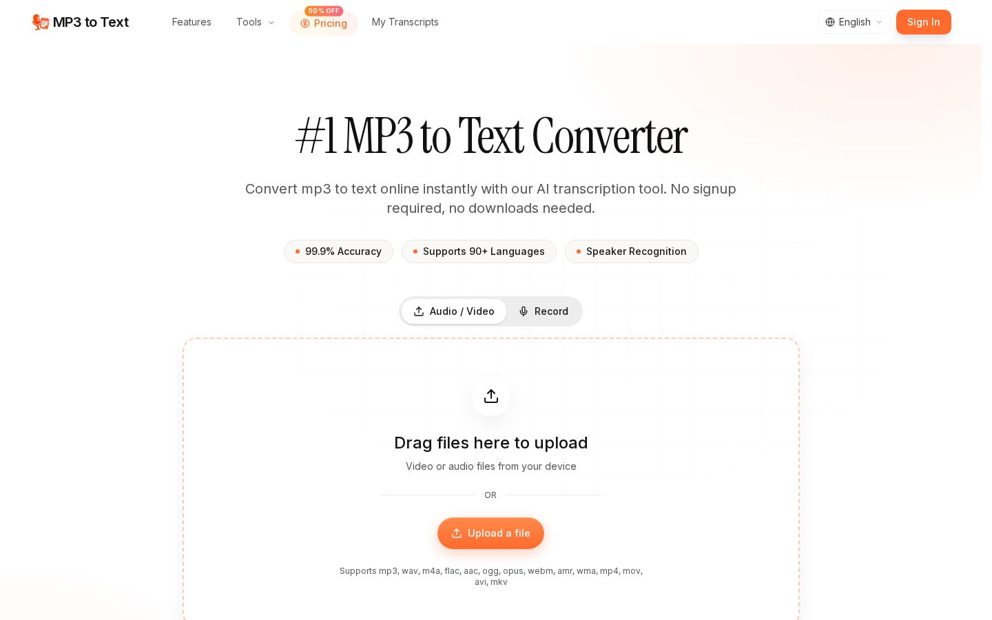 MP3 to Text Converter Homepage