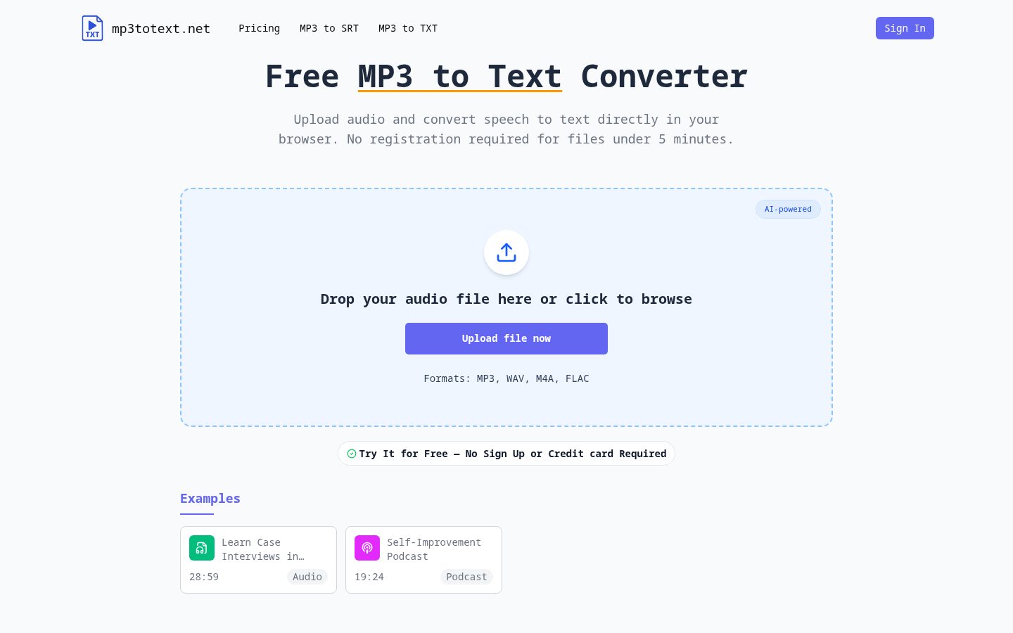 MP3 to Text / MP3 to TXT Online Converter Homepage