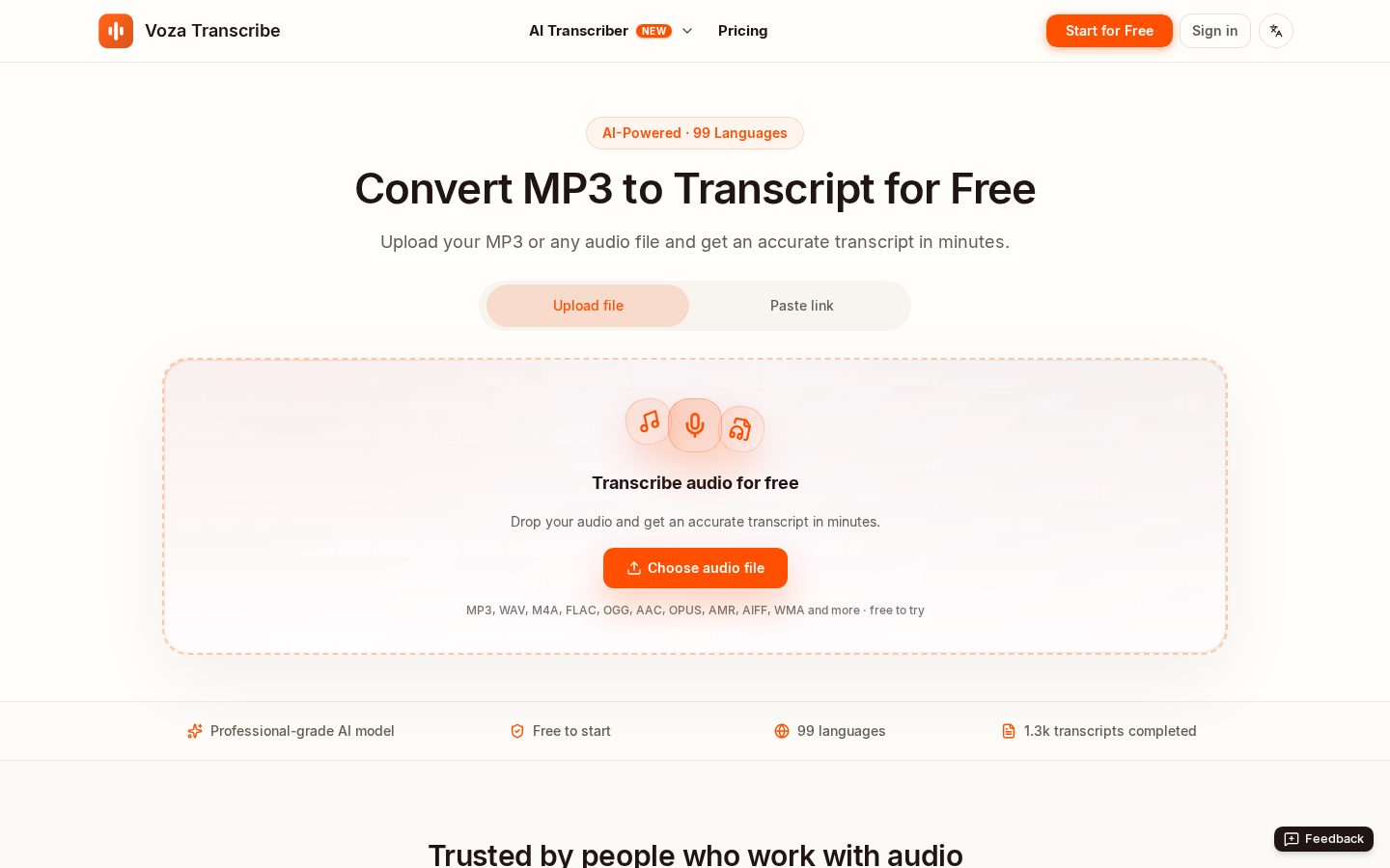MP3 to Transcript-Voza Transcribe Homepage