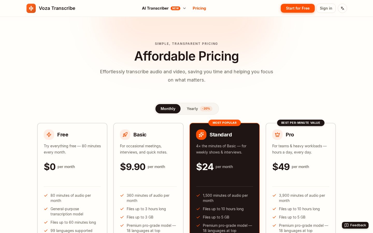 MP3 to Transcript-Voza Transcribe Pricing