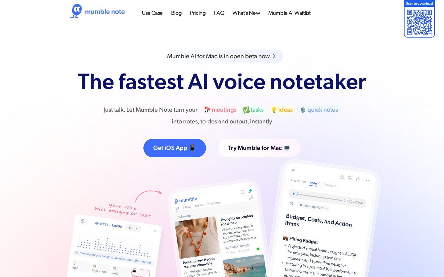 Mumble Note: AI Voice Notetaker Homepage