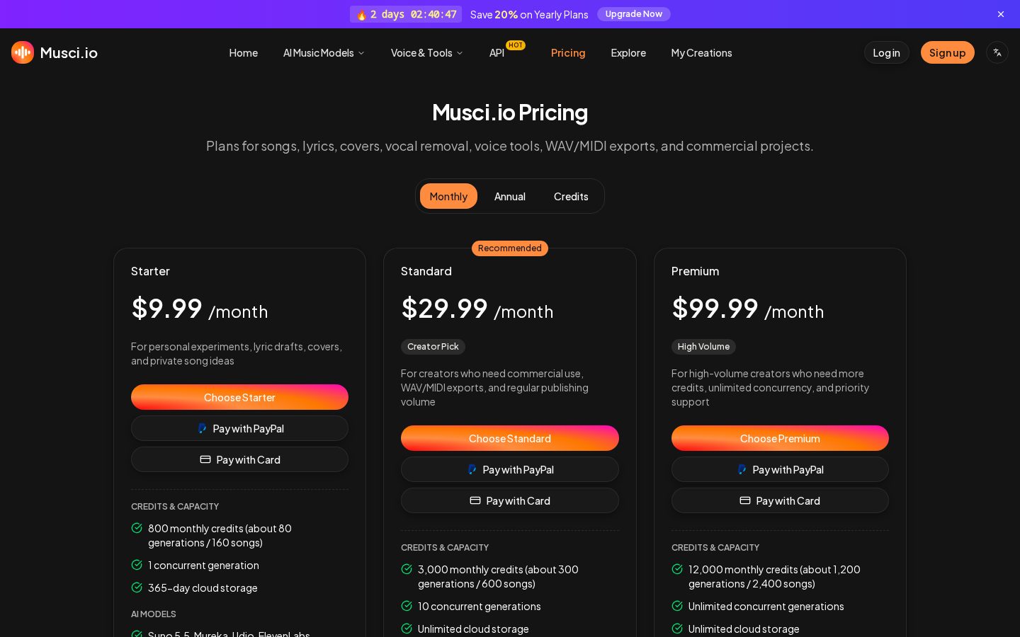 Musci.io - Best AI Music Generator Pricing