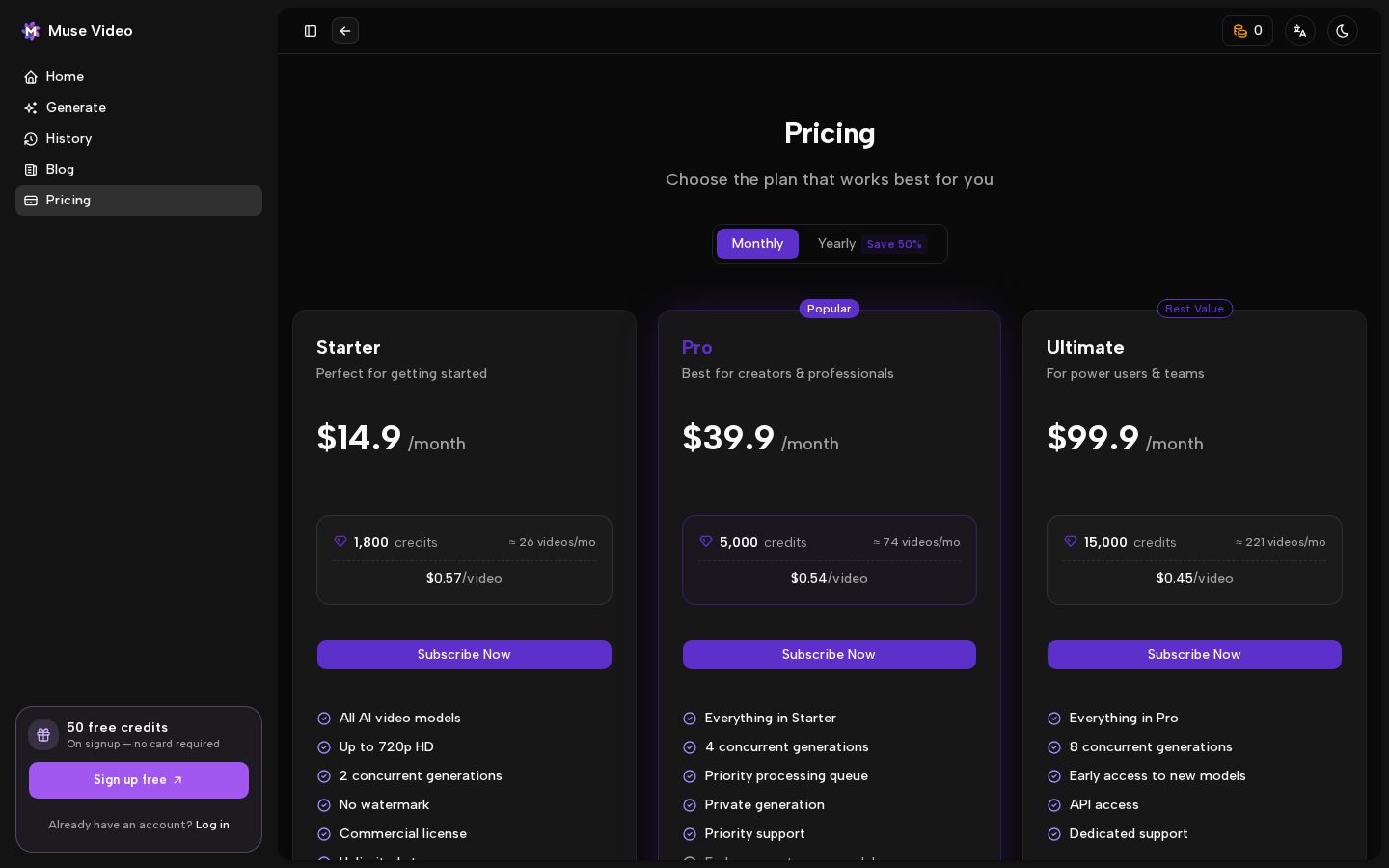 Muse Video Pricing