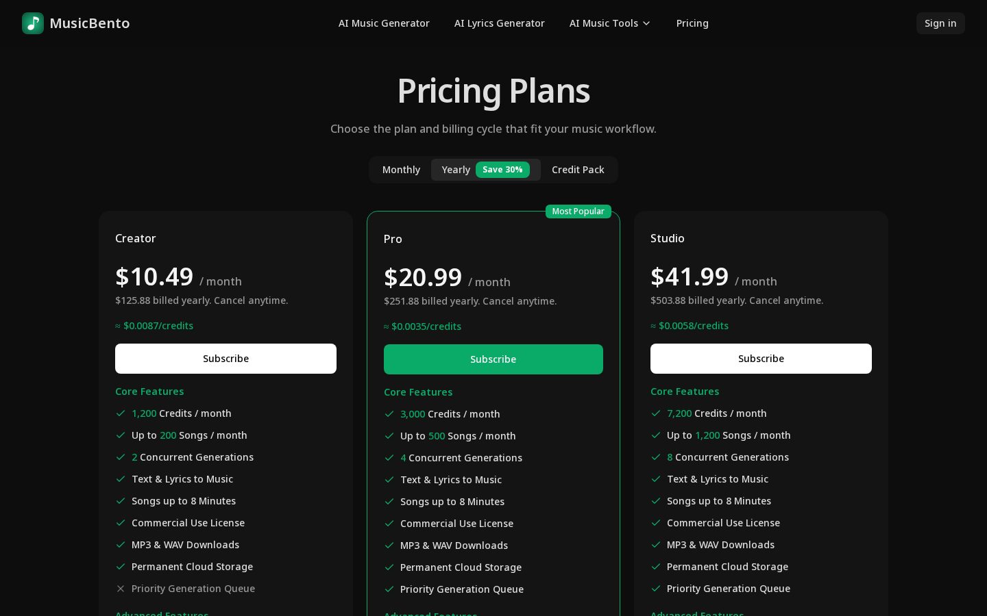 Music Bento Pricing
