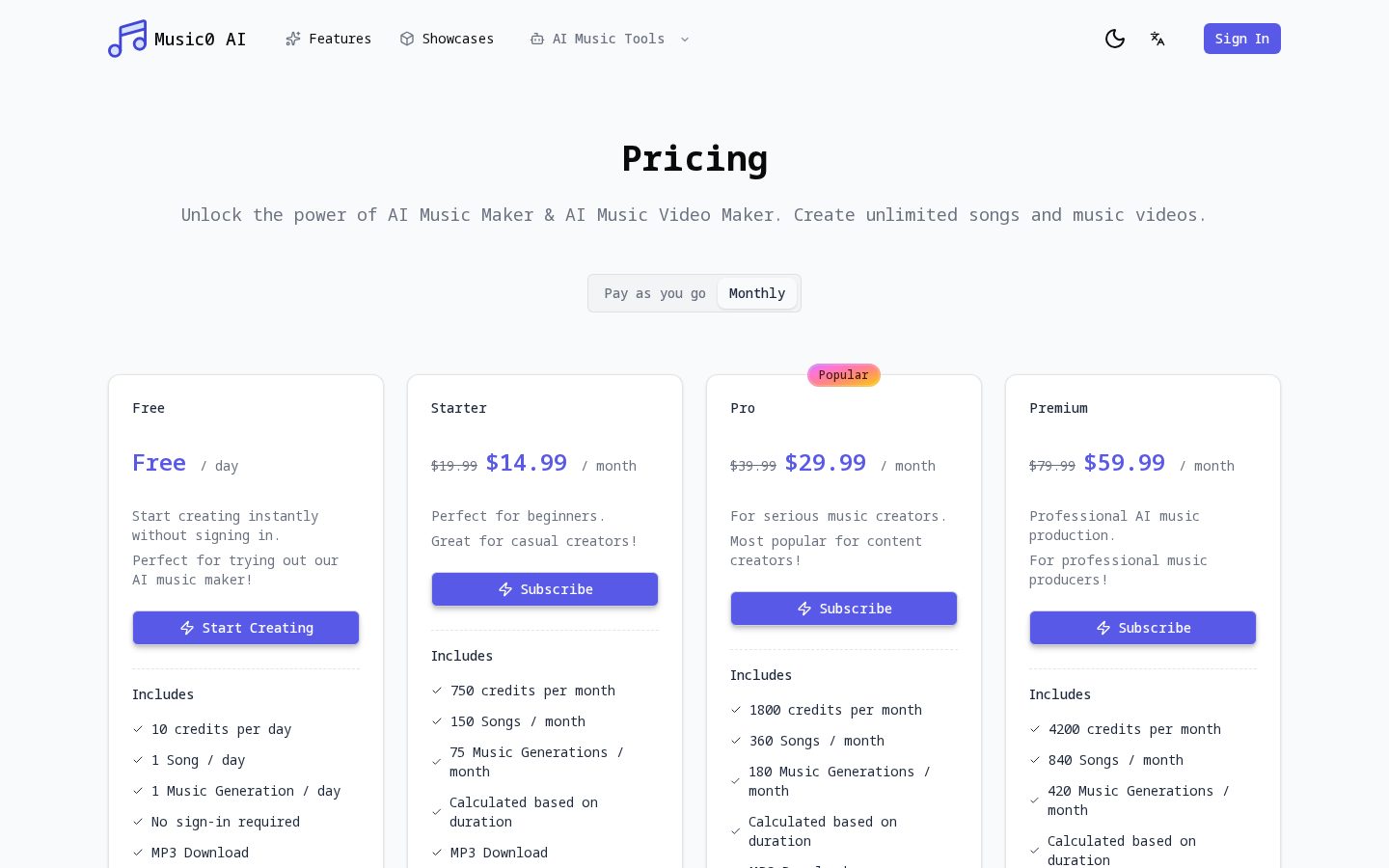 music0 ai Pricing