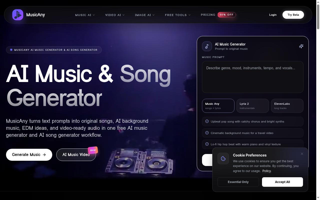 MusicAny AI Music Generator Homepage