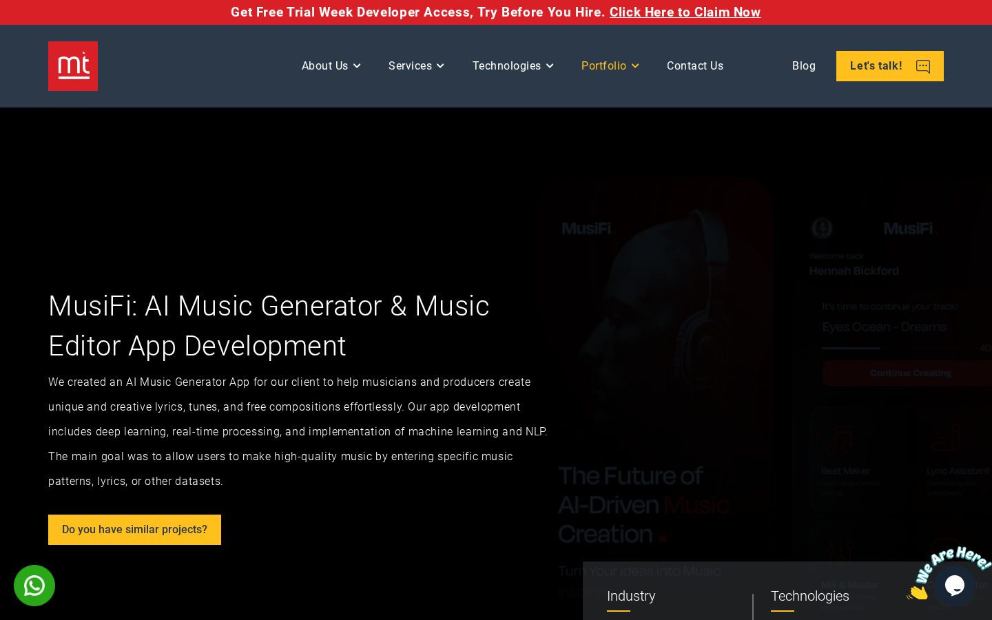 MusiFi - AI Music Generator & Music Editor App Development Homepage
