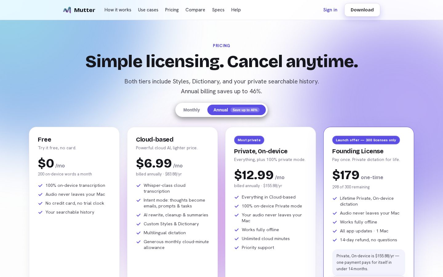 Mutter AI Dictation Pricing