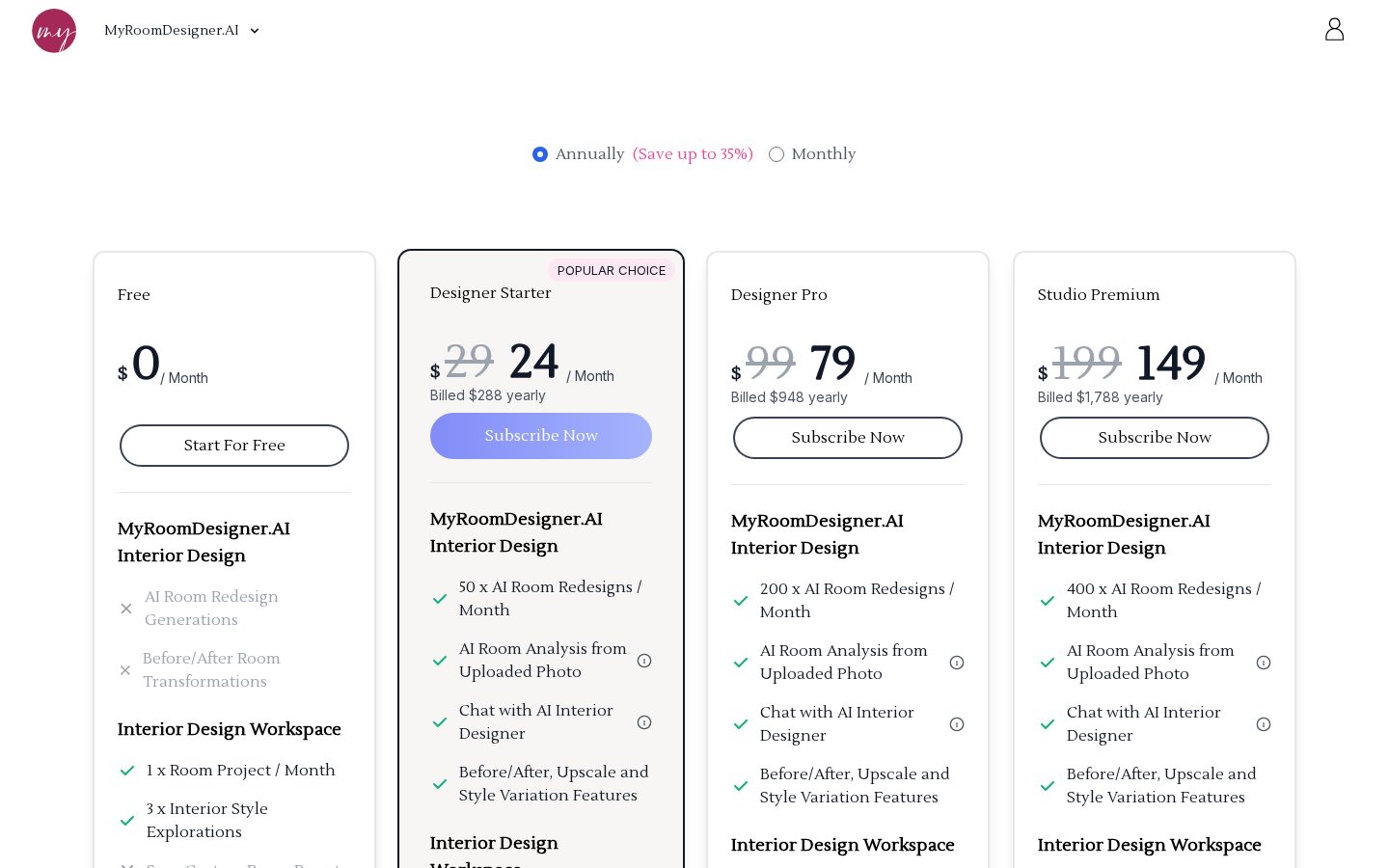 My AI Room Designer Pricing