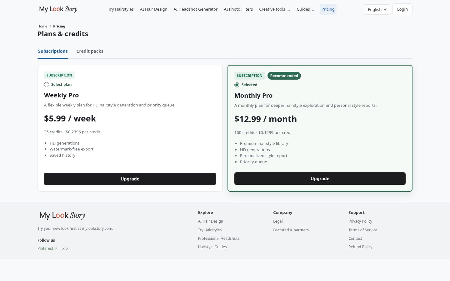 My Look Story Pricing