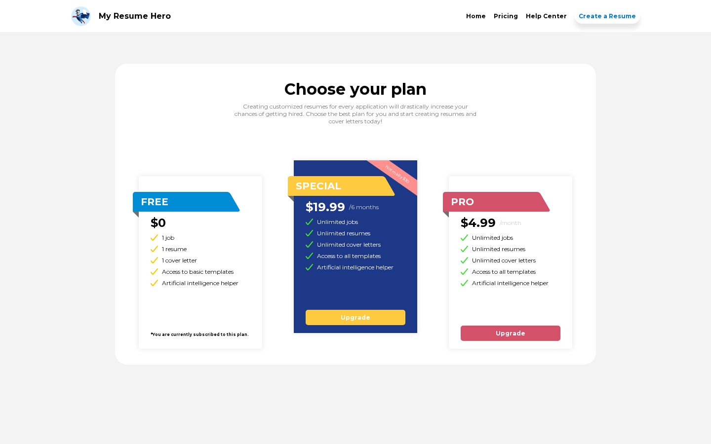 My Resume Hero Pricing