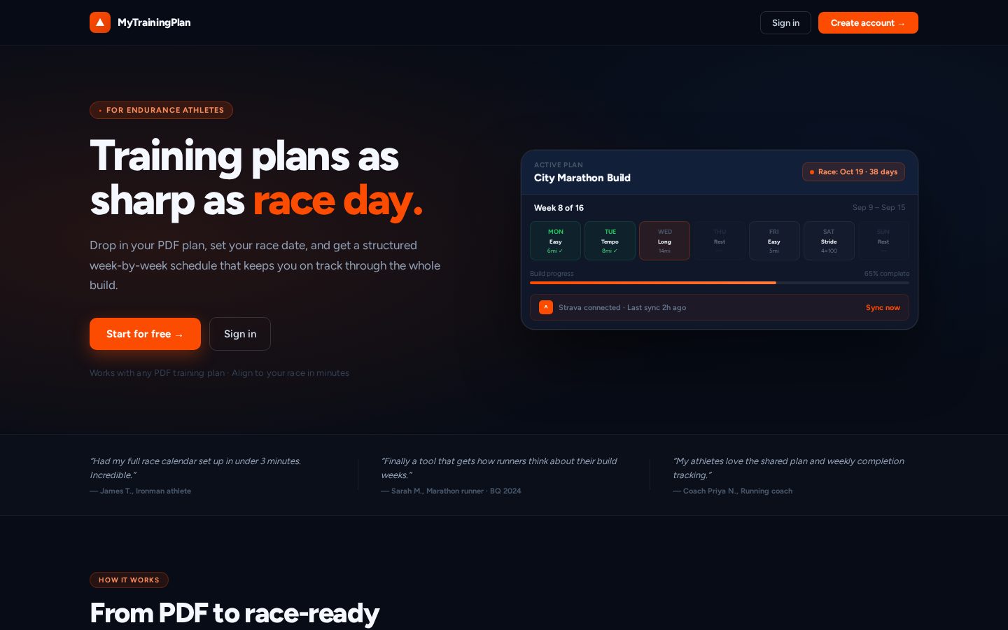 My Training Plan Homepage