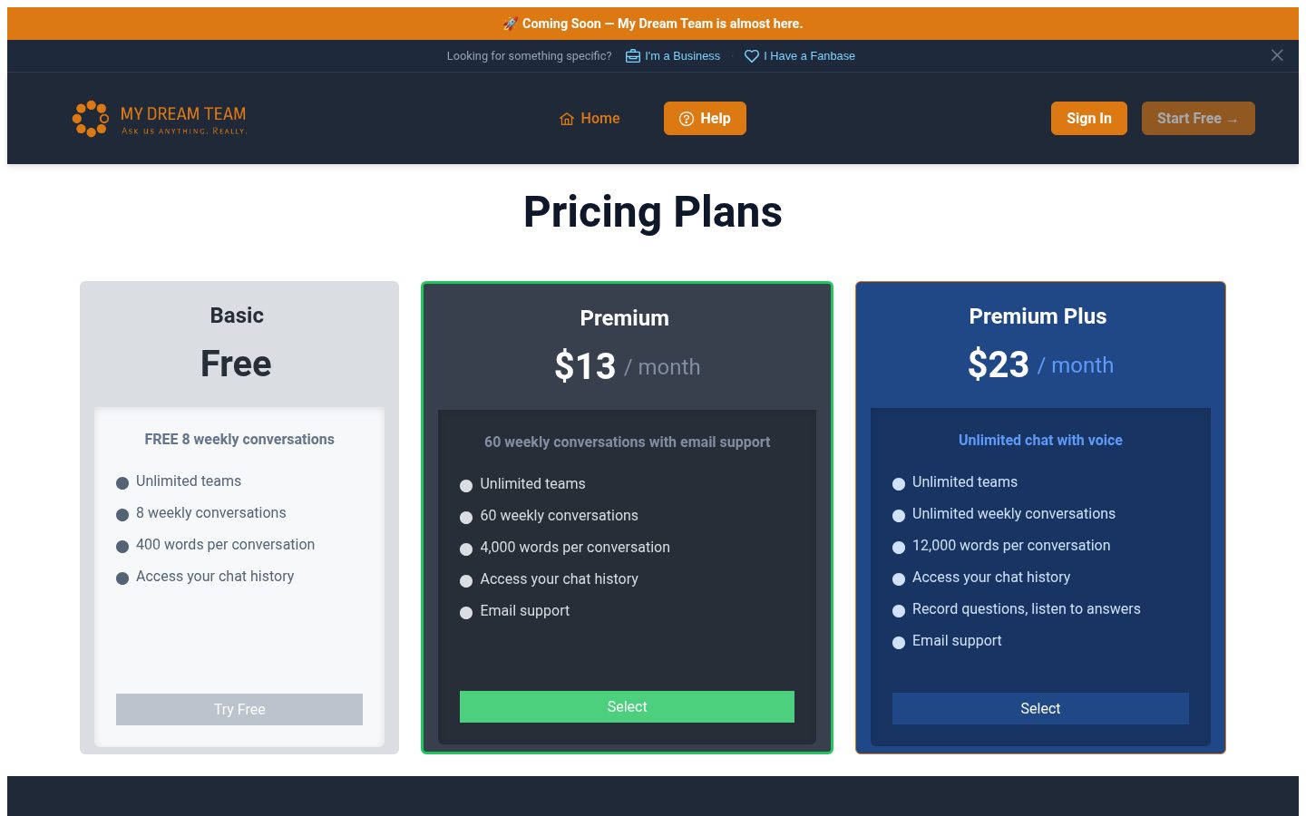 MyDreamTeam Pricing