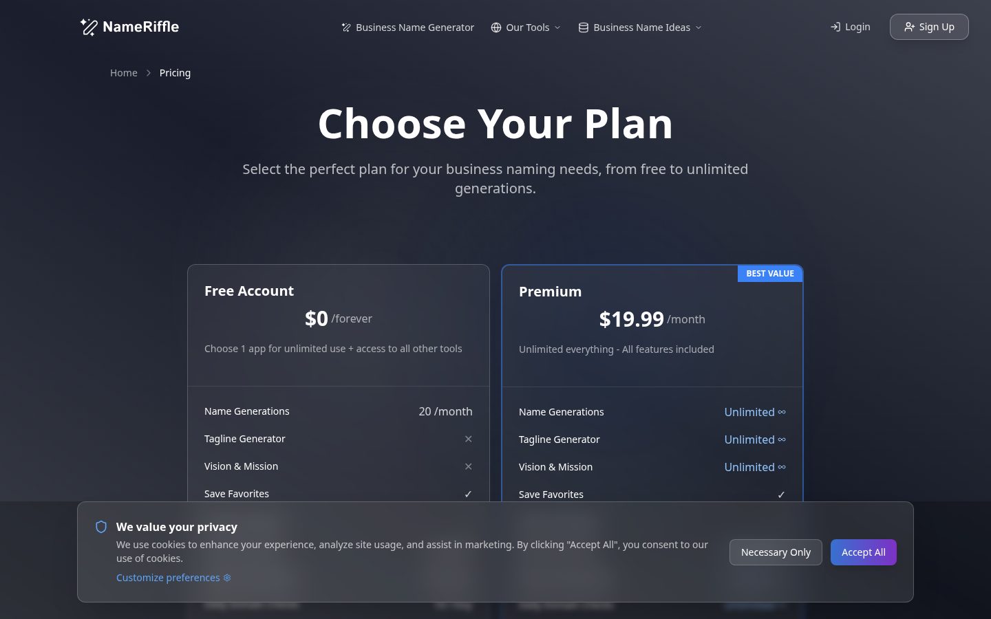NameRiffle Pricing