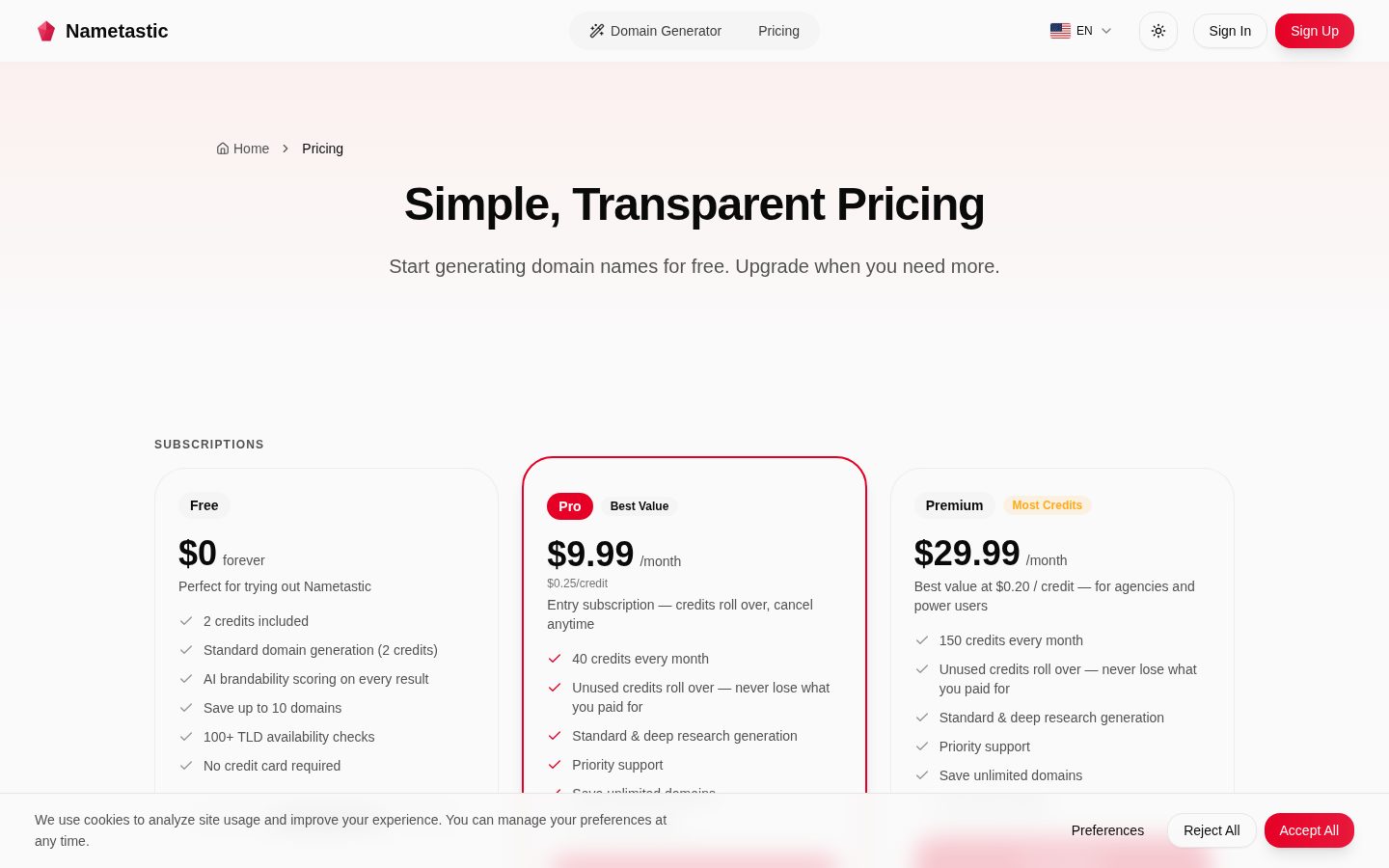 Nametastic Pricing