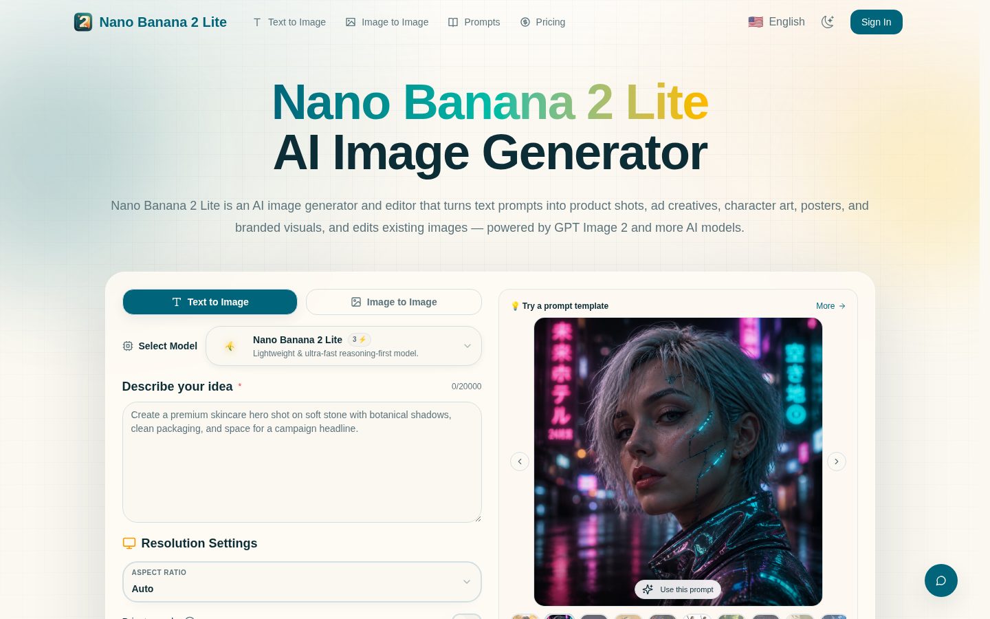 Nano Banana 2 Lite Homepage