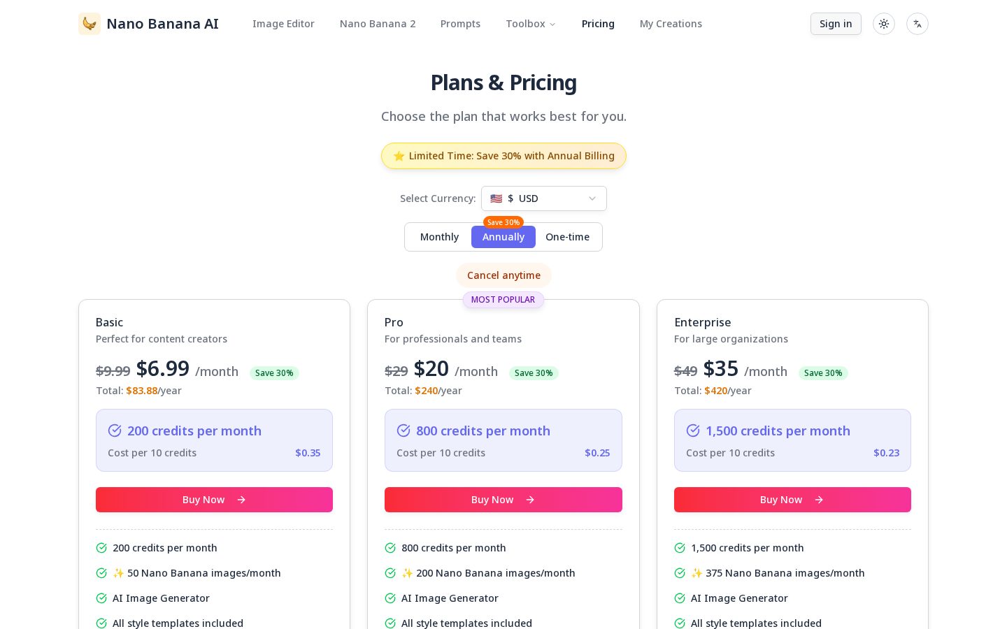 Nano Banana AI — AI Image Generator & Editor Pricing
