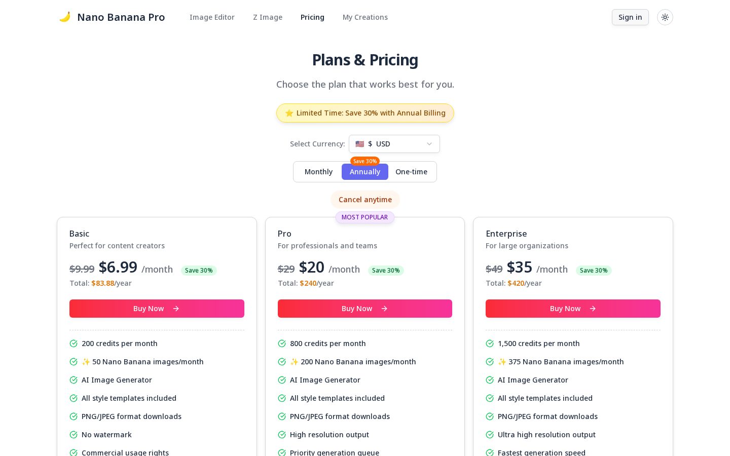 Nano Banana Pro - AI Image Editor Pricing
