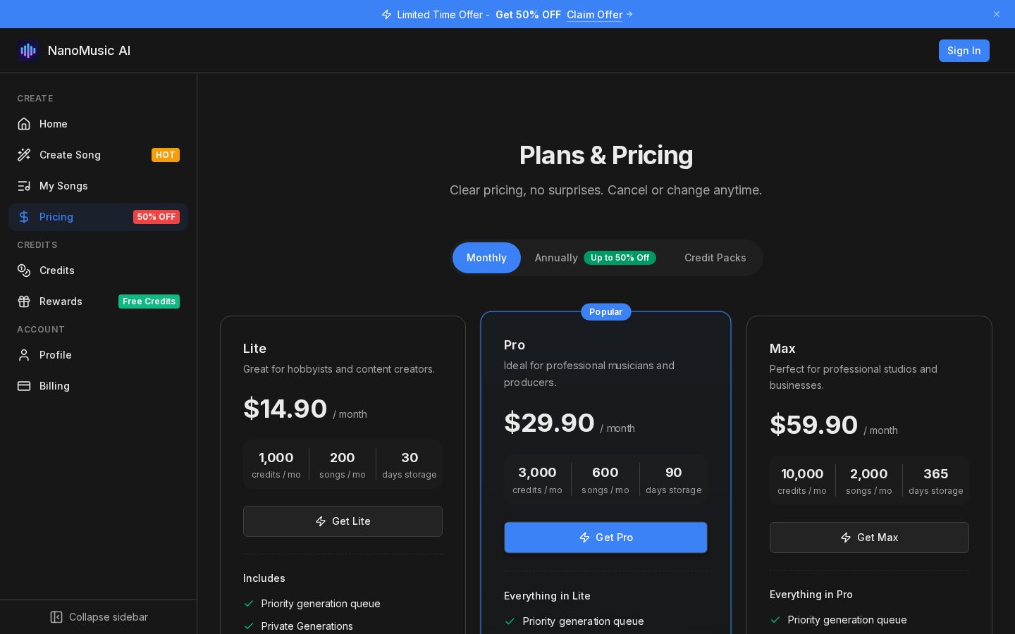 NanoMusic AI Pricing