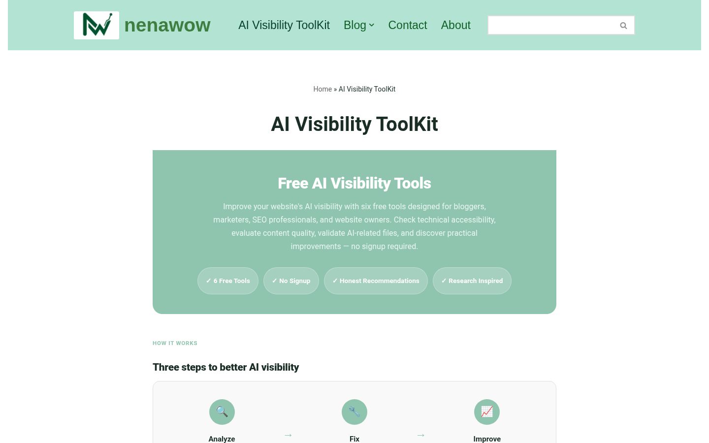 NenaWow AI Visibility Toolkit Homepage