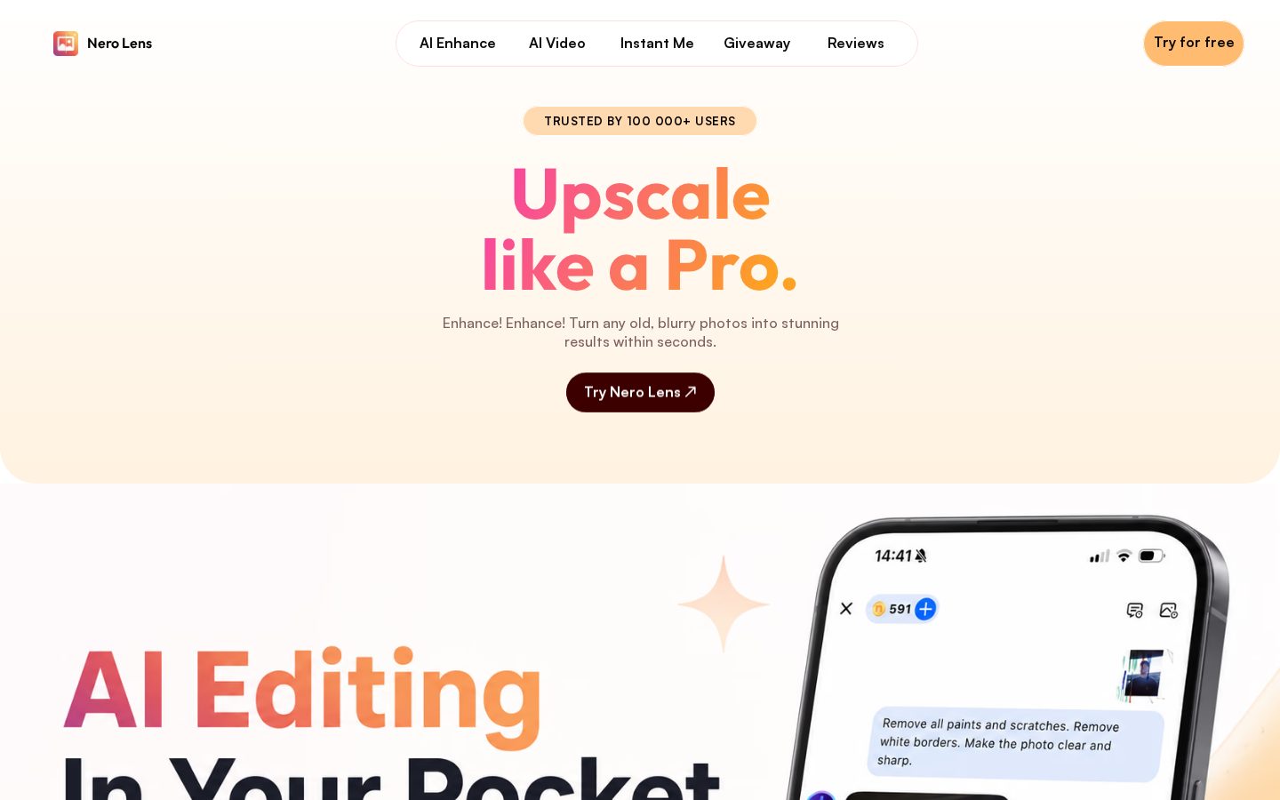 Nero Lens - AI Photo Enhancer Homepage