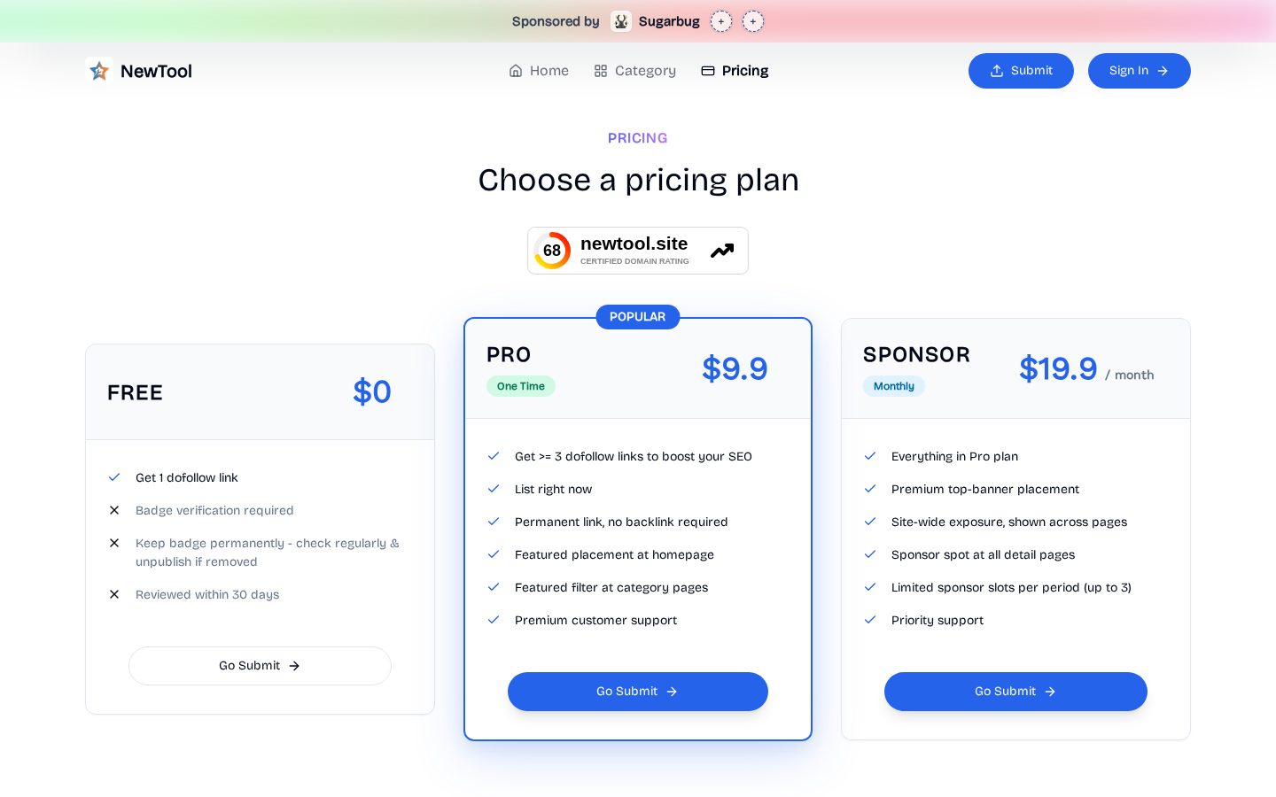 NewTool - Rising Star Tools Directory Pricing