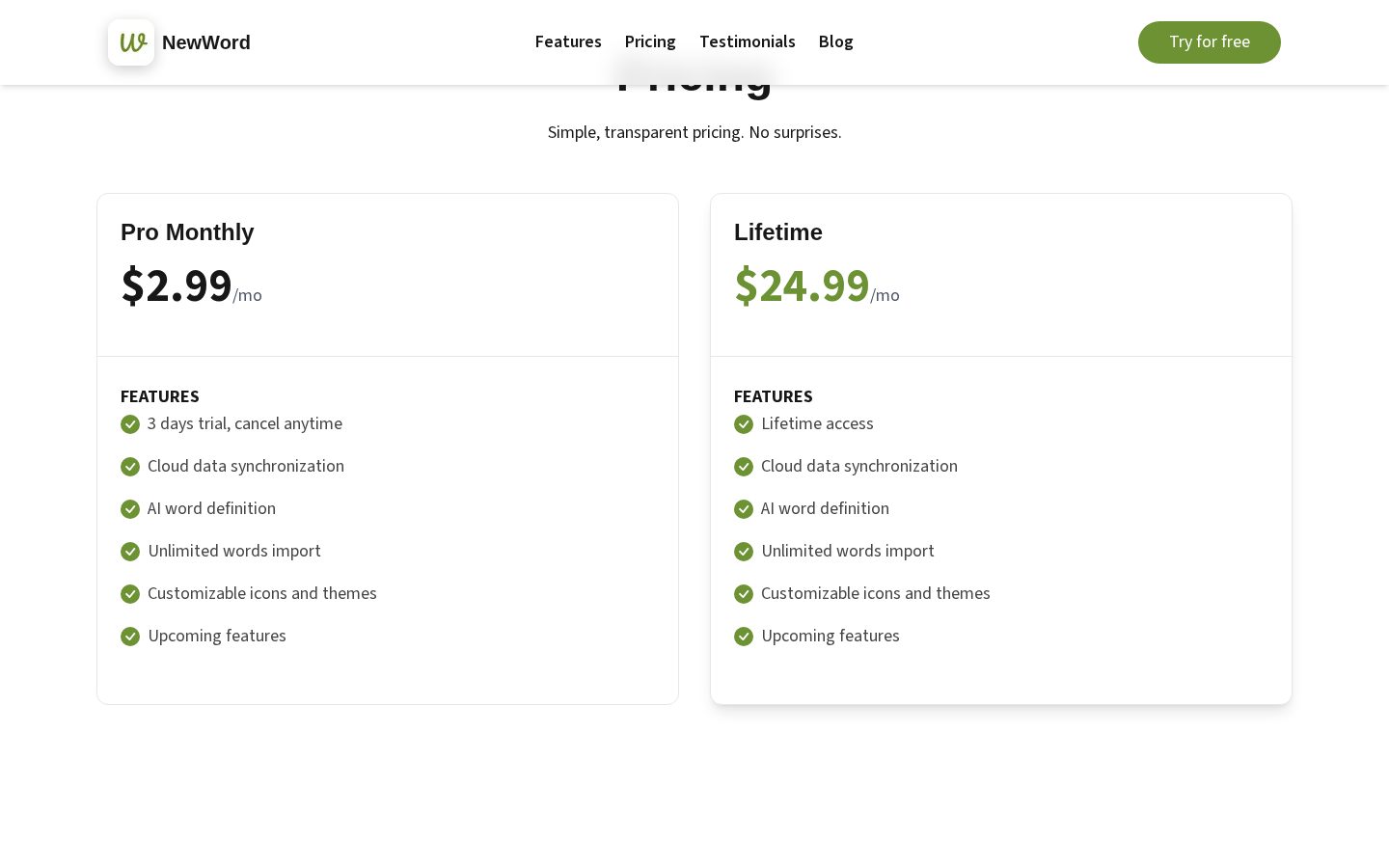 NewWord Pricing