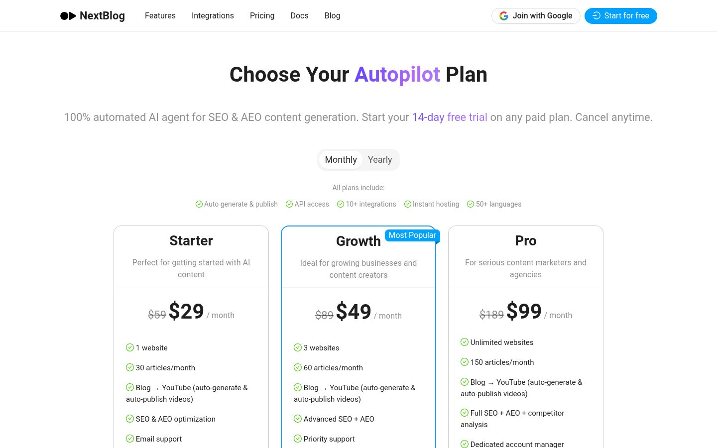 NextBlog Pricing