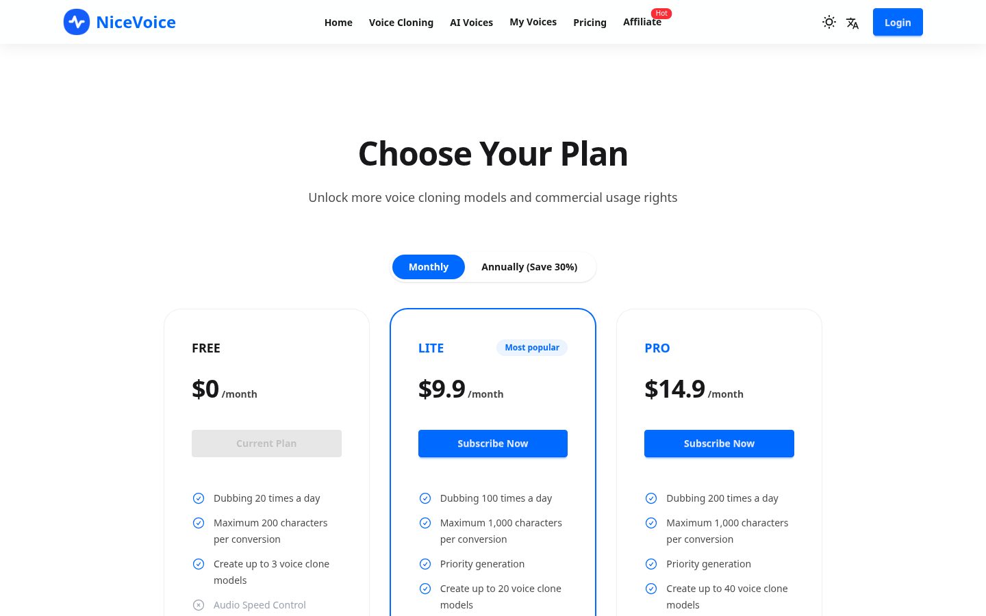 NiceVoice Pricing