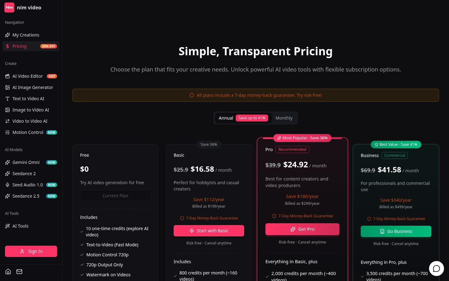 Nim Video Pricing