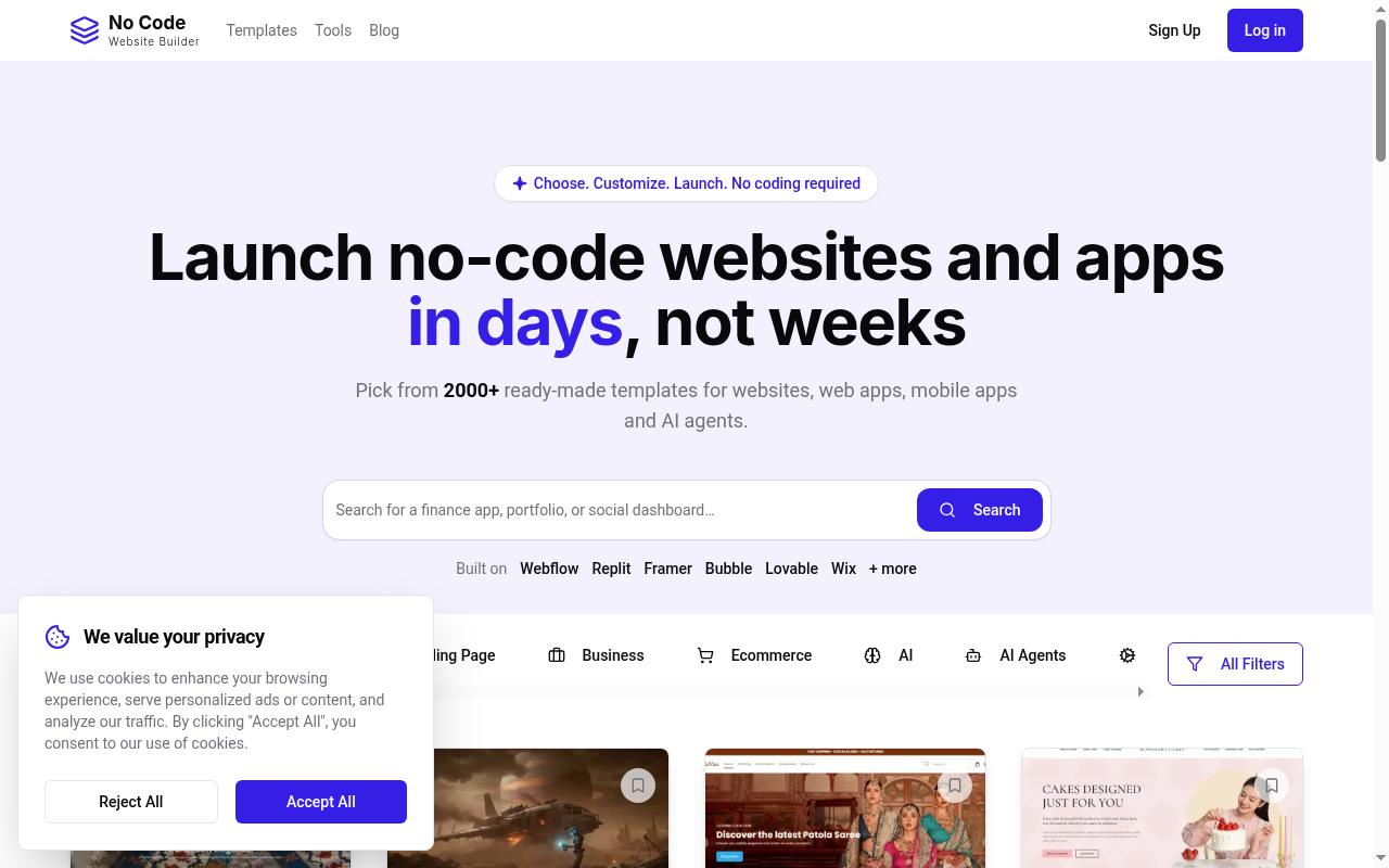 No Code Website Builder Homepage