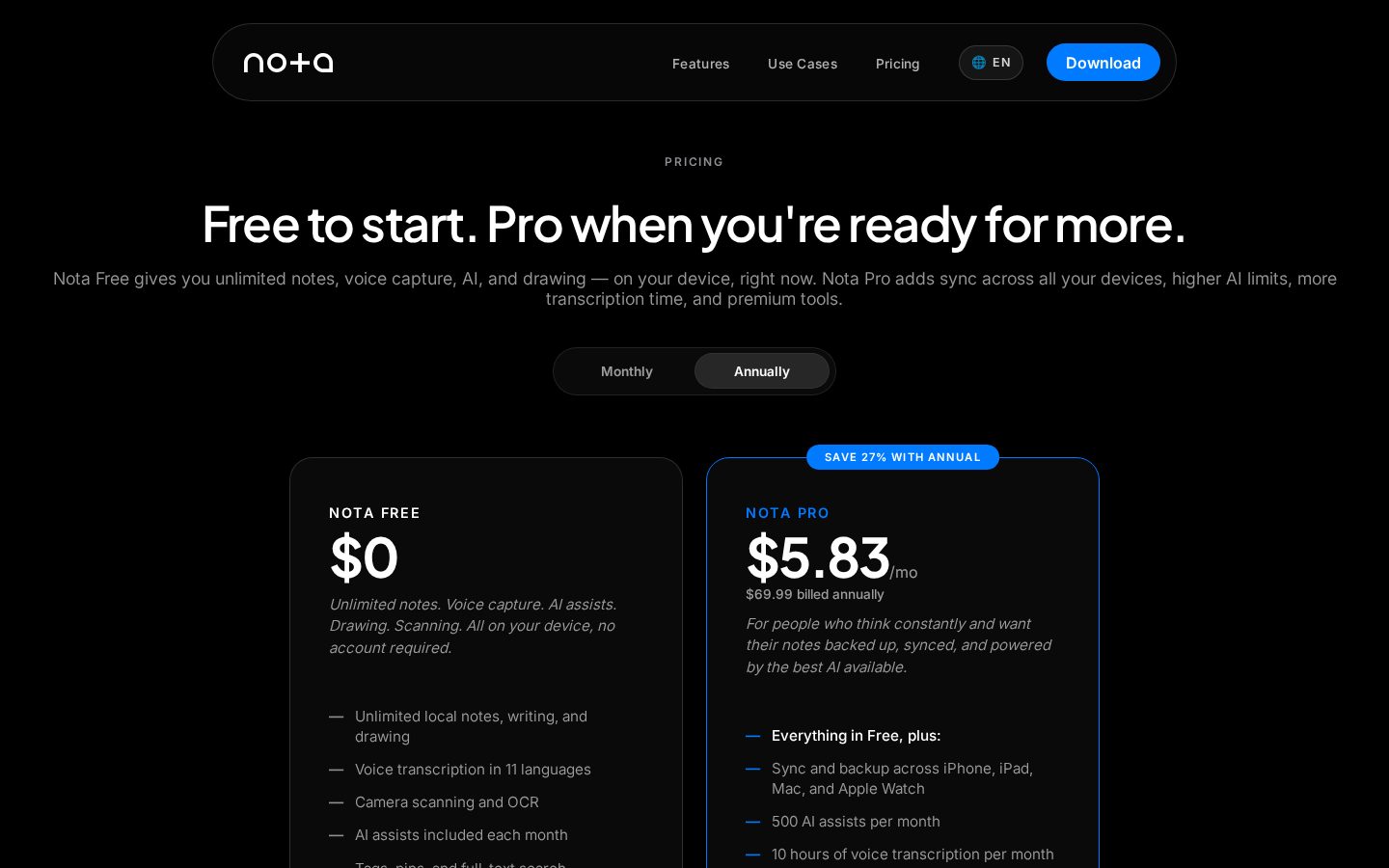 Nota: AI Notes & Voice Pricing