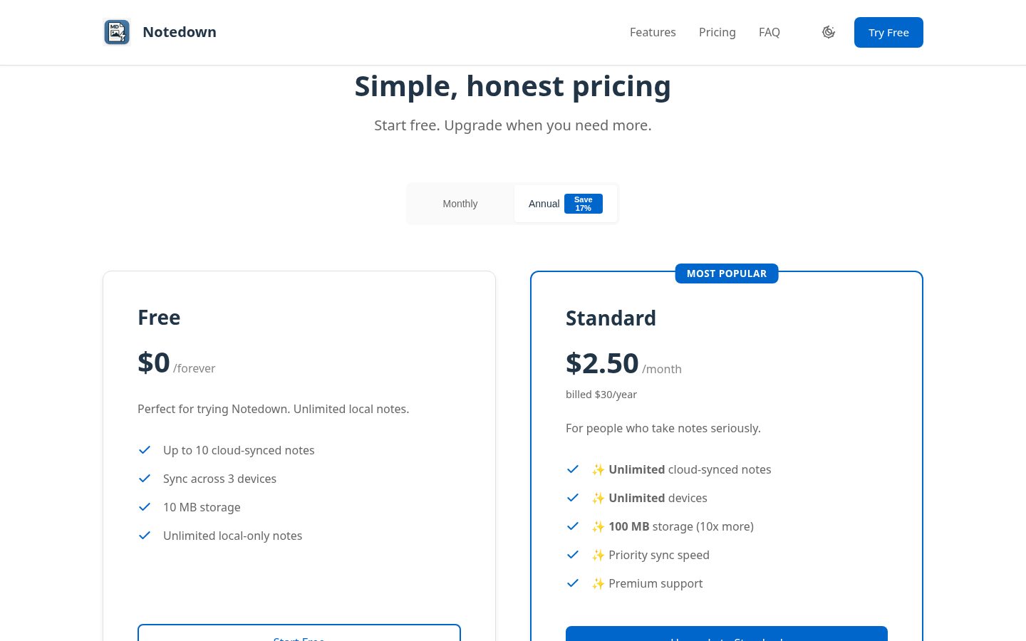 Notedown Pricing