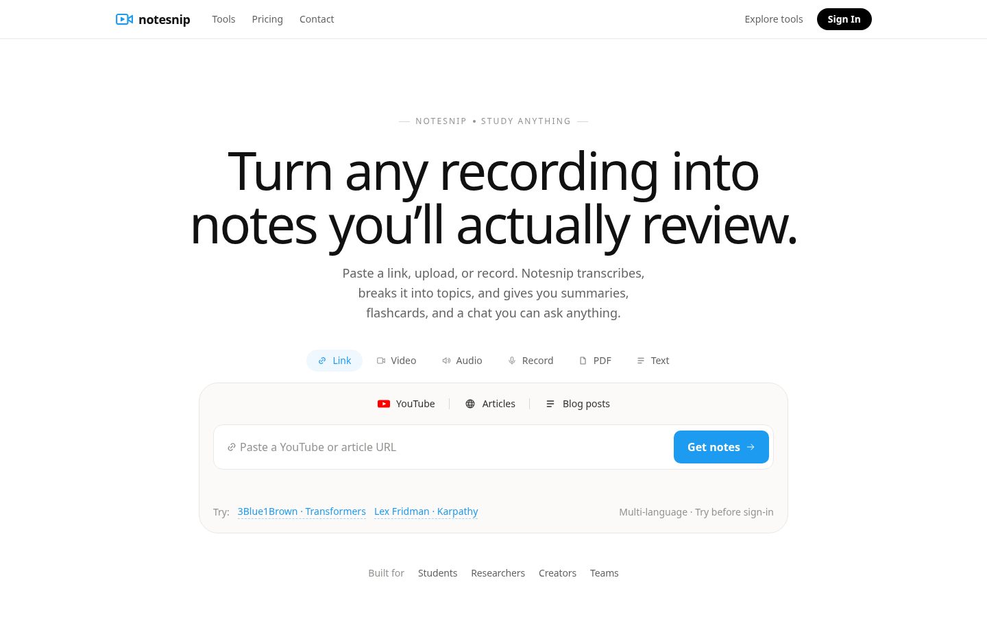 Notesnip Homepage