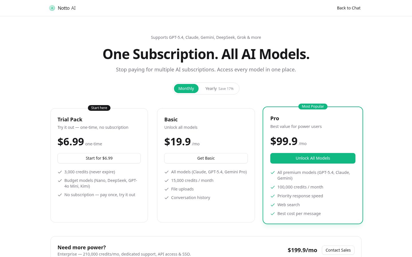Nottoai Pricing