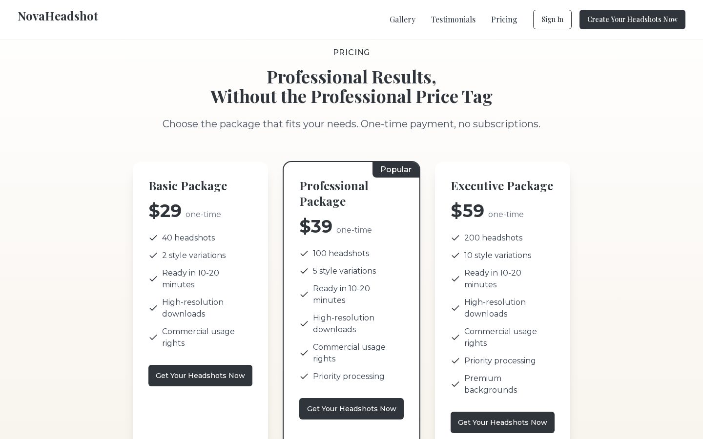 Nova Headshot Pricing