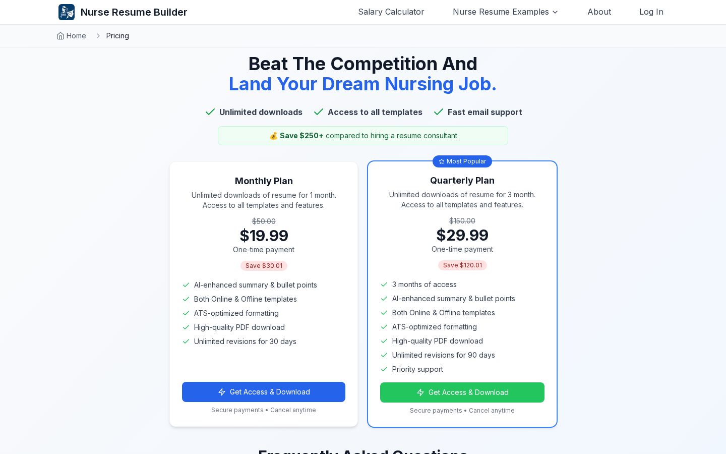 Nurse Resume Builder Pricing