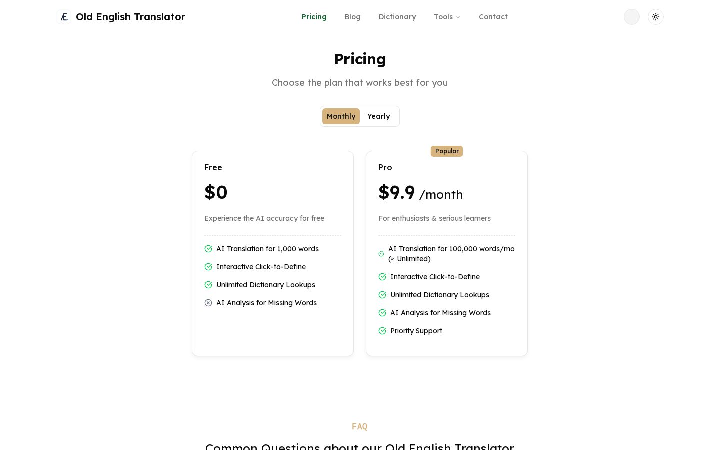 Old English Translator Pricing