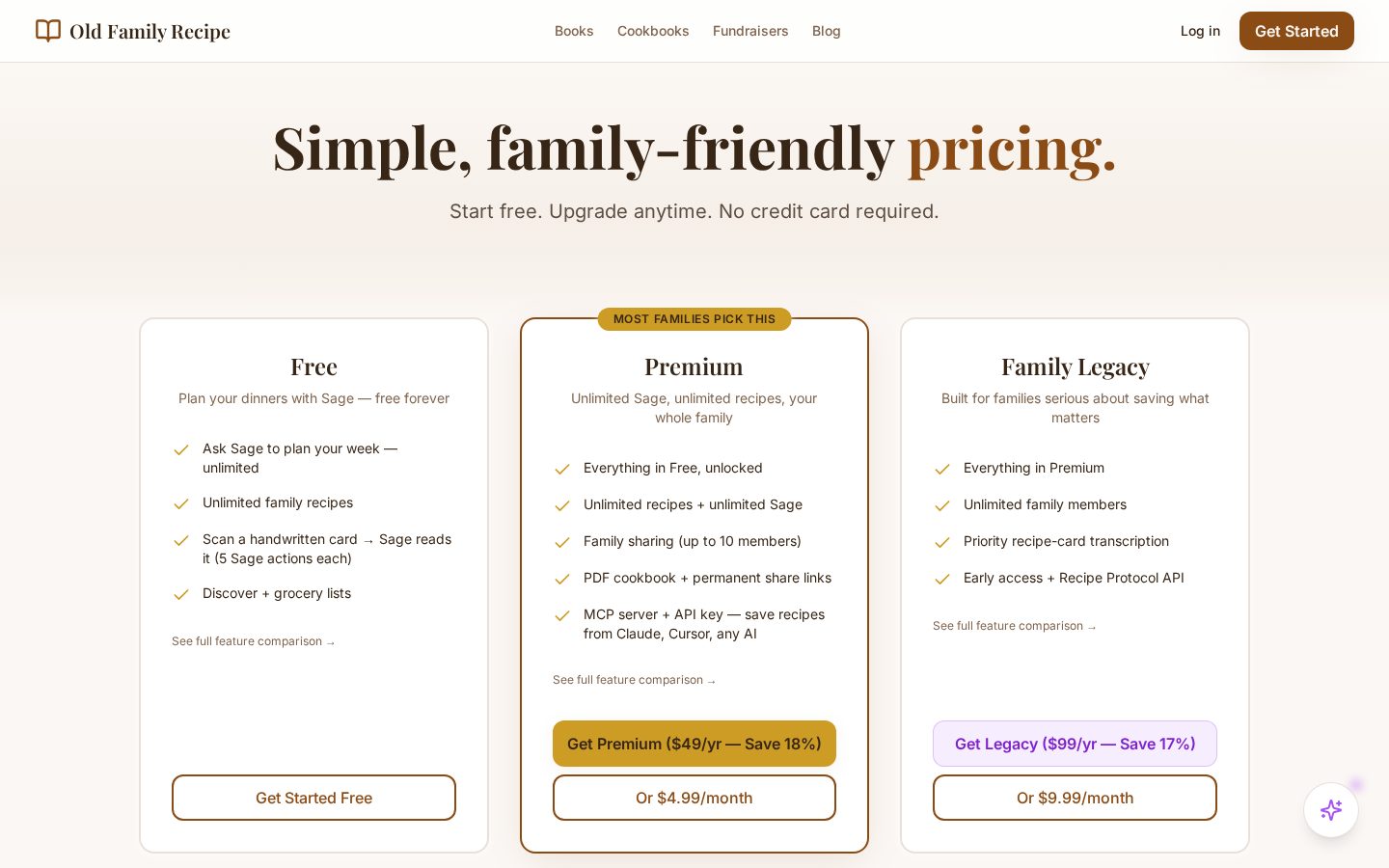 Old Family Recipe Pricing