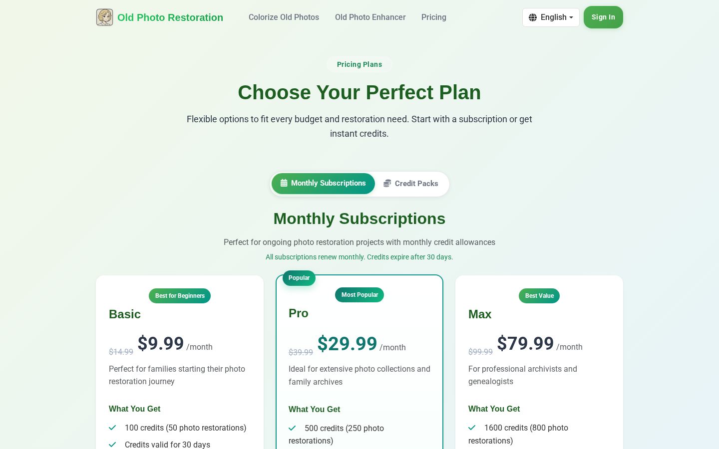 Old Photo Restoration Pricing